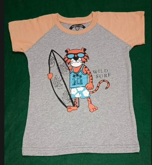 Kids' "Wild Surf" Tiger Raglan Tee – Two-Tone Grey & Peach Graphic T-Shirt