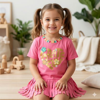 Girls' "GRATEFUL" Heart and Flower Fringe T-Shirt