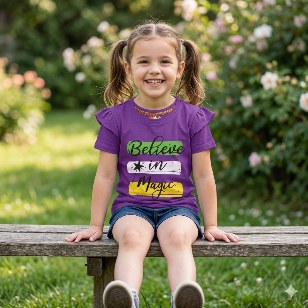 Girls' "Believe in Magic" Ruffle Sleeve Tee – Premium Purple Cotton T-Shirt