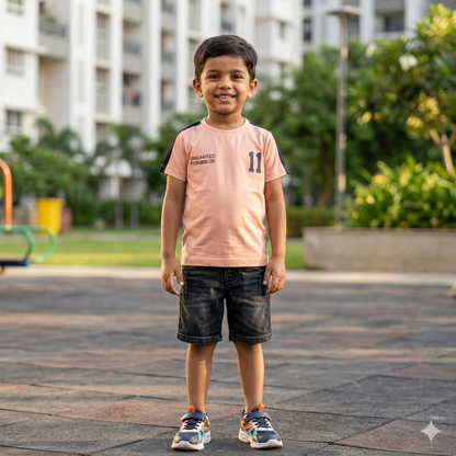 Kids' "UNLIMITED FUN" Peach T-Shirt with Black Shoulder Stripe HLD/11