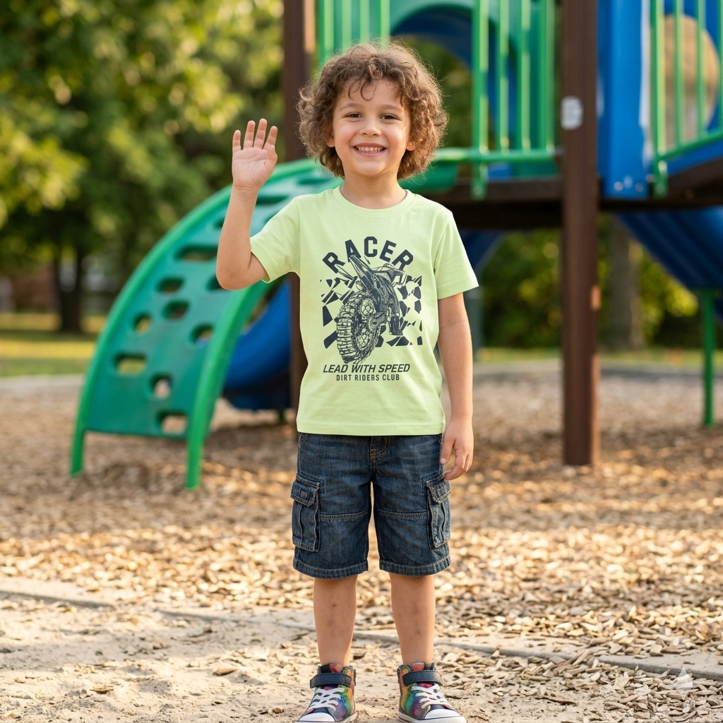 Kids' "RACER" Dirt Bike Graphic Tee – Premium Pastel Lime Cotton T-Shirt