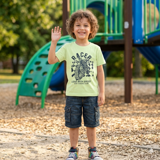 Kids' "RACER" Dirt Bike Graphic Tee – Premium Pastel Lime Cotton T-Shirt