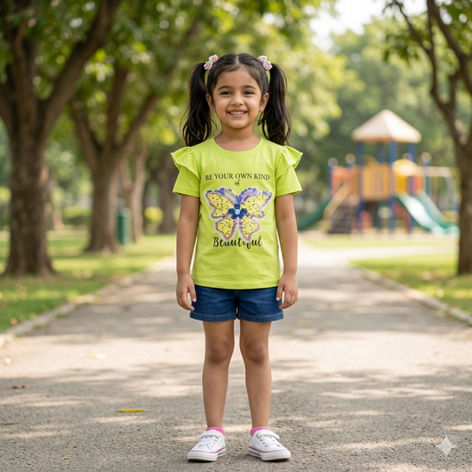 Girls' "Be Your Own Kind of Beautiful" Sequin Butterfly T-Shirt with Ruffle Sleeves