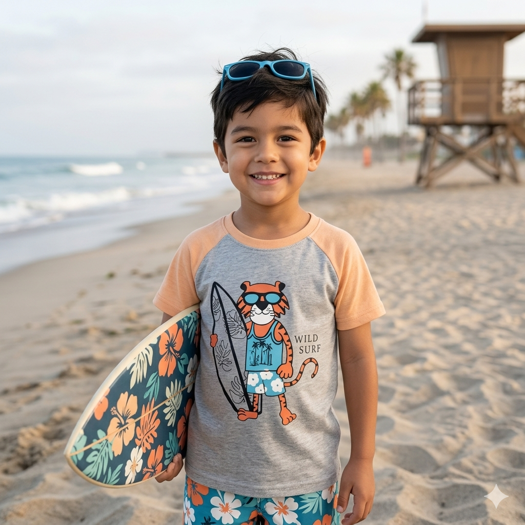 Kids' "Wild Surf" Tiger Raglan Tee – Two-Tone Grey & Peach Graphic T-Shirt