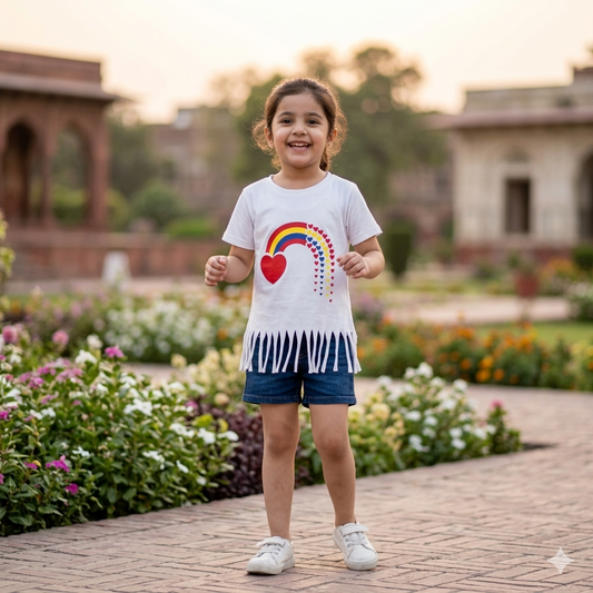 Girls Rainbow Heart Fringe T-Shirt – Cute & Stylish Casual Wear