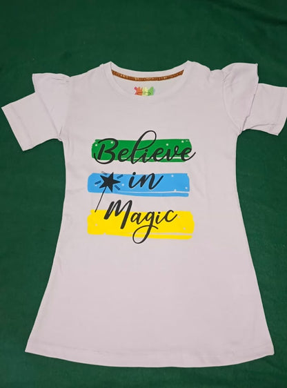 Girls' "Believe in Magic" Ruffle Sleeve Tee – Premium Purple Cotton T-Shirt