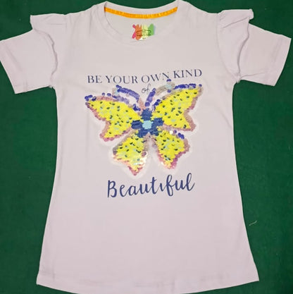 Girls' "Be Your Own Kind of Beautiful" Sequin Butterfly T-Shirt with Ruffle Sleeves