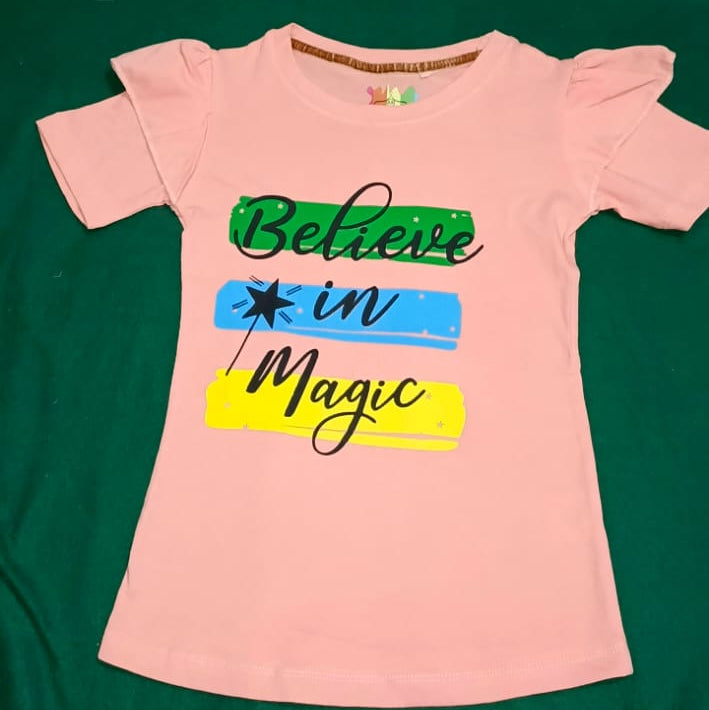 Girls' "Believe in Magic" Ruffle Sleeve Tee – Premium Purple Cotton T-Shirt